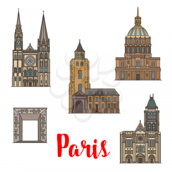 Travel landmark of Paris linear icon set of French architecture. National Residence of the Invalids, Chartres Cathedral and Abbey of Saint Germain, Basilica of Saint Denis and Grande Arche