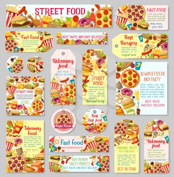 Fast food tag and banner set. Hamburger, hot dog and cheese sandwich, pizza, fries and soda, donut, chicken and coffee, ice cream and popcorn for fastfood restaurant menu and takeaway packaging design