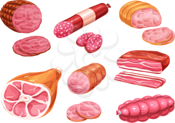 Meat sausage icon of butcher shop product. Beef and pork sausage, salami and ham, bacon, smoked frankfurter and pepperoni, gammon and bologna hand drawn watercolor illustration for meat store design