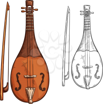Rebec with bow sketch of medieval musical instrument. Bowed stringed instrument of Arab classic music isolated symbol for ethnic music festival or folk orchestra concert themes design