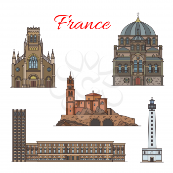 French travel landmark icon set of famous France architecture. Alexander Nevsky Cathedral, Chapel of St Michel and Town Hall of Havre, St Eugenia Church and St Martin Lighthouse