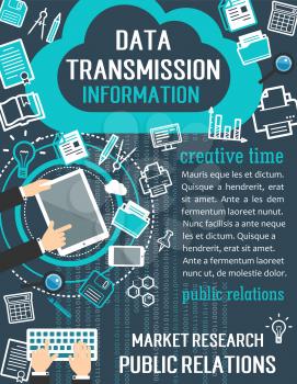Public relations and market research banner. User with computer, mobile phone and tablet flat poster, supplemented by graph, idea light bulb and magnifying glass thin line symbol for PR concept