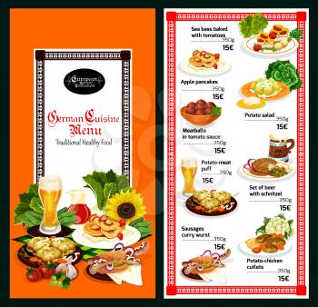 German cuisine restaurant menu template. Beer, served with sausage sandwich, meatball and schnitzel, potato salad, baked fish and meat pie for european and bavarian dinner dish design