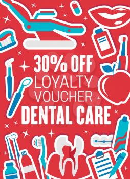 Dentistry clinic sale promo banner of dental care special offer template. Health tooth, oral hygiene treatment and dentist tool, braces, floss, toothbrush and toothpaste discount price poster design