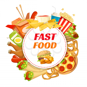 Fast food restaurant poster with lunch meal and drink. Hamburger, fries and chicken nuggets round badge with frame of pizza, hot dog and soda, taco, nacho and burrito, chinese noodle and popcorn