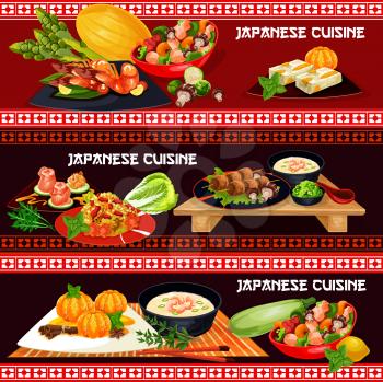 Japanese cuisine restaurant banner with asian seafood menu. Teriyaki chicken with vegetable, wasabi sauce and marinated ginger, seafood soup, chili shrimp and meat rice, grilled chicken and fruit cake