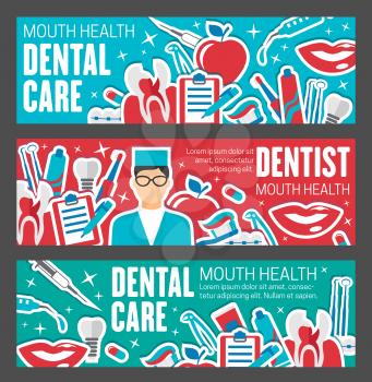 Dentistry medical banner for tooth hygiene and dental treatment design. Dentist clinic poster with oral surgeon or orthodontist equipment, implant, toothbrush and braces, toothpaste, floss and caries