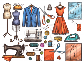 Sewing tool and tailor equipment sketch for atelier or fashion workshop design. Sewing machine, needle and scissors, thread, button and pin, mannequin, fabric, and spool, dress, suit and pattern icon