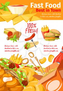 Fast food restaurant banner for american, mexican and chinese cafe menu. Hamburger, hot dog and fries, chicken nuggets, fries and sandwich, meat taco, noodle and burrito poster for takeaway delivery