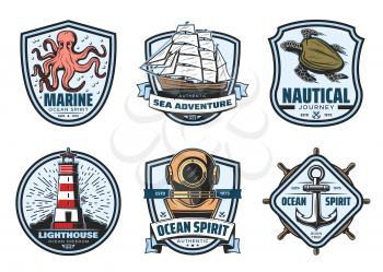 Sea adventure vintage label of nautical heraldic design. Marine anchor, helm and sailing ship, lighthouse, sea turtle and octopus, old diving helmet and ribbon banner for marine club retro badge