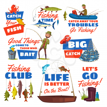 Fishing sport hobby cartoon icon with fisherman, catch fish and tackle. Fisher with fish on hook of spinning rod isolated symbol with boat, bait and lure, net, bucket and carp, trout, perch and marlin
