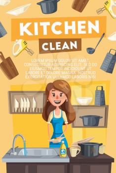 Kitchen cleaning banner for household or housework themes design. Housewife washing dishes in kitchen sink with detergent and sponge, surrounded with plate, cup and utensil, pan and grater icon