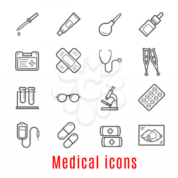 Medical icon set of medicine and healthcare. Heart, thermometer and pill, syringe, pulse and stethoscope, capsule, microscope and blood bag, laboratory test tube, glass and plaster thin line symbol