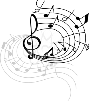 Music note stave swirl icon with shadow. Musical note and treble clef on swirling musical staff for music notation symbol, sound and melody themes design