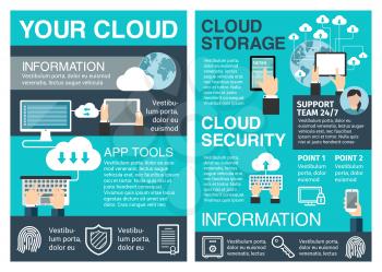 Business cloud computing poster of network and data storage technology concept. Secure cloud storage with connected computer, laptop and mobile device for information security and mobile app design