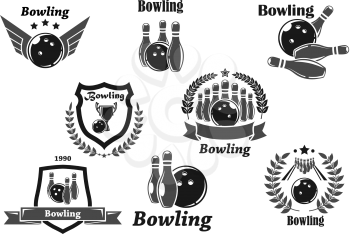 Bowling badges for championship tournament awards templates of bowling ball and skittle pins. Vector icons of winner cup prize or champion ribbon with trophy laurel wreath symbol and stars