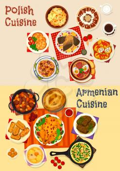 Polish and Armenian cuisine festive dinner menu icon set. Vegetable meat stew with sausage, meat roll and beef dolma, baked chicken and fish, potato pancake, dumpling, honey cake and cookie