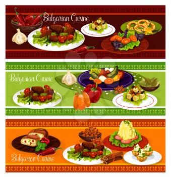 Bulgarian cuisine restaurant menu banner set of lunch with dessert. Tomato pepper stew, fried paprika, bean beef stew and mashed potato with cheese, cream fruit cake, nut cookie and egg leek pie