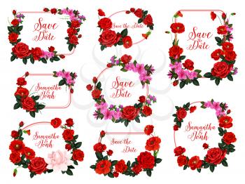 Save the Date wedding invitation template with flower frame. Rose, poppy and water lily, spring clover and azalea floral border for wedding ceremony, bridal shower and anniversary greeting card design