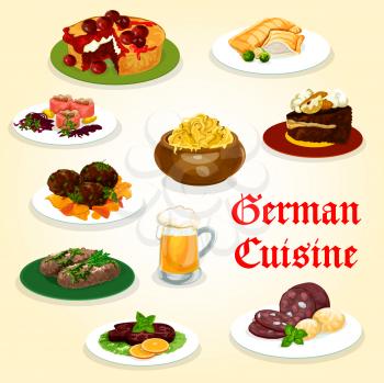 German cuisine tasty dinner with sausage and beer cartoon icon. Potato, cabbage and meat roll, salmon fish pie, beef steak and meatball, meat and fish labskaus, chocolate and fruit cake