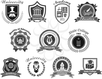 University, college and academy vector icons. Badge shields for high school education graduates in science, music and law. Ribbons of bachelor hat, laurel wreath, book pen and owl