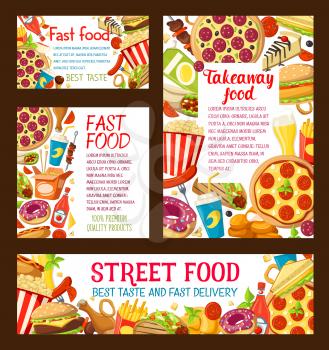 Fastfood restaurant or street food bistro takeaway menu template for fast food burgers or sandwiches and snacks with desserts and drinks. Vector hot dog and fries, coffee and soda or pizza and nuggets