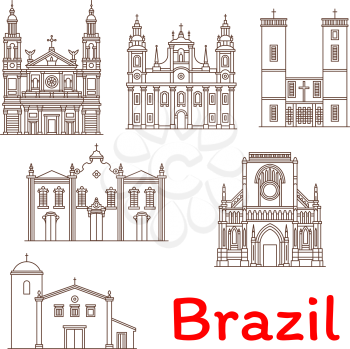 Brazil architecture landmarks and famous buildings facade line icons. Vector set of Brazilian churches, cathedrals and chapels of San Benedict, Nossa Senhora do Rosario in Cuiaba and Belen