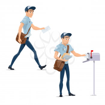 Postman at work delivering letter envelopes to postbox. Vector mailman man in uniform with messenger bag delivering parcels or postage letters to mailbox or letter-box flat isolated icons