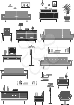 Home furniture and living room interior accessories icon set. Chair, sofa, armchair, table, lamp, cabinet, bookshelf, chest of drawers, vase and pictures. Home furnishing and interior design