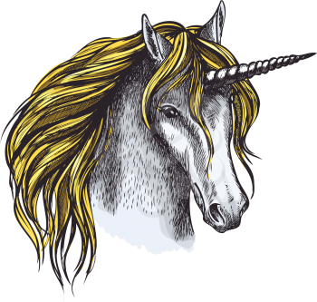 Unicorn horse sketch of magic animal head with gold mane and twisted horn. Mythical unicorn or horned horse isolated icon for tattoo, fairytale character and medieval heraldic badge design