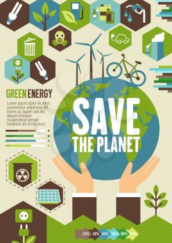 Green energy eco banner for Save Planet or ecology and environment protection design. Earth globe in hands with wind turbine and bike poster, supplemented by recycle, solar panel and green tree sign