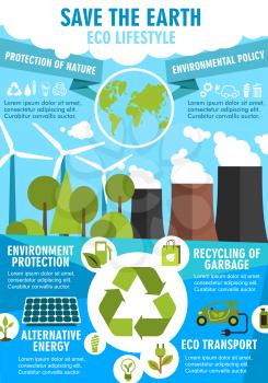 Save Earth Ecology poster for eco friendly lifestyle themes design. World environment protection flat banner of green energy, recycle and eco transport with wind turbine, solar panel and bio fuel sign