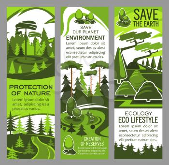 Environment and ecology protection banner with eco green nature landscape. Forest tree plant with green leaf on grass glade poster design for nature conservation, Save Earth or eco lifestyle design