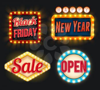 Black Friday or New Year sale discount promo offer icons for posters or advertising flyer. Vector lightbub lamp neon light retro signage for open sign or Happy New Year greeting card template