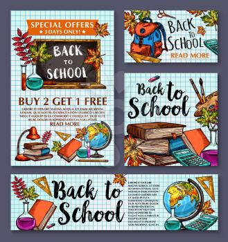Back to School sale posters and banners set for special promo sale. Vector design of school chalkboard, book or pencil or globe, maple or rowan leaf and ruler on checkered copybook for autumn sale