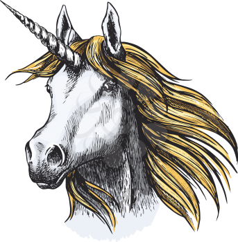 Unicorn or fairy tale horse sketch icon. Vector muzzle or head of magic and mystic horse with horn and waving golden mane for equine sport or equestrian races and contest exhibition