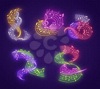 Musical note neon sign for live music night club and karaoke bar signboard. Glowing music stave with musical note and treble clef on dark brick wall background