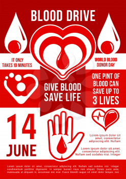 Vector banner in red color, concept of donation, give blood. Give blood - save life, celebration of World blood donor day. Blood donation as charity, support illness people