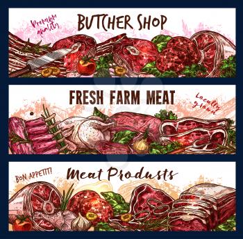Vector banner for fresh farm meat shop. Butcher shop premium quality vector poster. Different kinds of meat pork or bacon, chicken and steak. Fresh meat products with green salad and vegetables