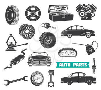 Auto parts vector set. Auto service signs, wrench and gear, headlamp or tire, key and wrench. Car repair service labels, isolated on white background. Concept for spare parts store