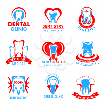 Set of dental clinic vector icons isolated on white background. Dental service vector emblems for dentistry clinic. Concept of dental health and medical help, orthodontic specialists and family clinic