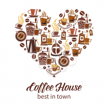 Vector banner with coffee and cup of hot drink. Vector poster in shape of heart with beans and grinder. Vector design for coffee shop or cafe. Coffee house vector design isolated on white background