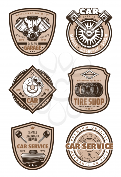Car service vintage retro icon for automobile tires shop or mechanic repair center. Vector signs set of car, oil or petrol fuel canister engine piston and brakes for car diagnostics and garage station