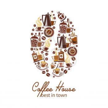 Coffeehouse or cafe and cafeteria poster design of coffee bean. Vector icons poster of coffee cups and makers, hot tea mugs with steam or hot chocolate and teapot for coffeeshop