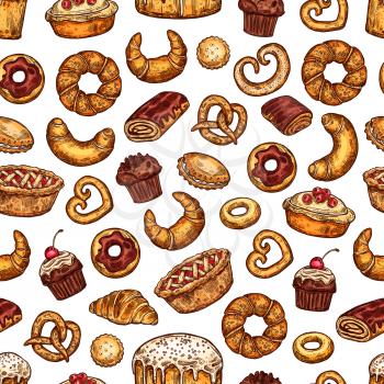 Bread and pastry desserts seamless pattern. Vector sketch background of baked patisserie, flour bag, wheat loaf and rye bagel or croissant baguette and chocolate muffin for baker shop design
