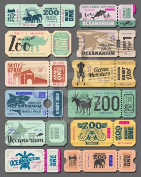 Zoo tickets vintage design of wild animals and fish. Vector retro admit tickets for zoological park or oceanarium of African giraffe, ocean monster whale or zebra and safari rhinoceros with cut line