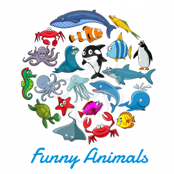 Cartoon sea animals and fishes poster for oceanarium design. Vector icons of dolphin, marine turtle or flounder and whale with shark, funny walrus and jellyfish or starfish