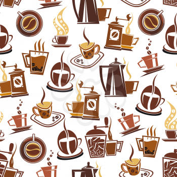 Coffee makers, cups and beans seamless pattern. Vector background of espresso, americano or cappuccino and hot chocolate mug for cafe or cafeteria and coffeehouse menu design