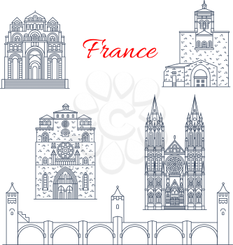 France famous travel landmark buildings line icons. Vector set of Notre Dame Le Puy and Pure of Champagne, Pont Valentre bridge or Saint Etienne de Cahors cathedral in Clermont
