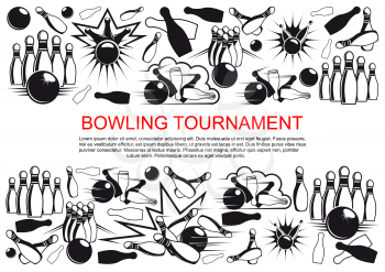 Bowling tournament poster of balls and pins with strikes shots. Vector line icons design for bowling sport club championship of player competition event and leisure activity